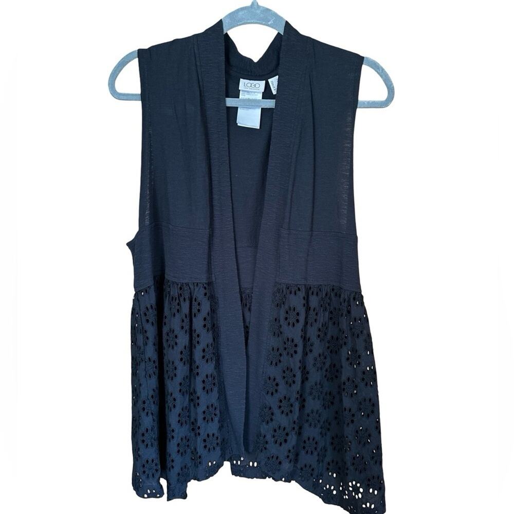 LOGO by Lori Goldstein Eyelet Open Front Sleeveless Cardigan Cotton Vest Black S
